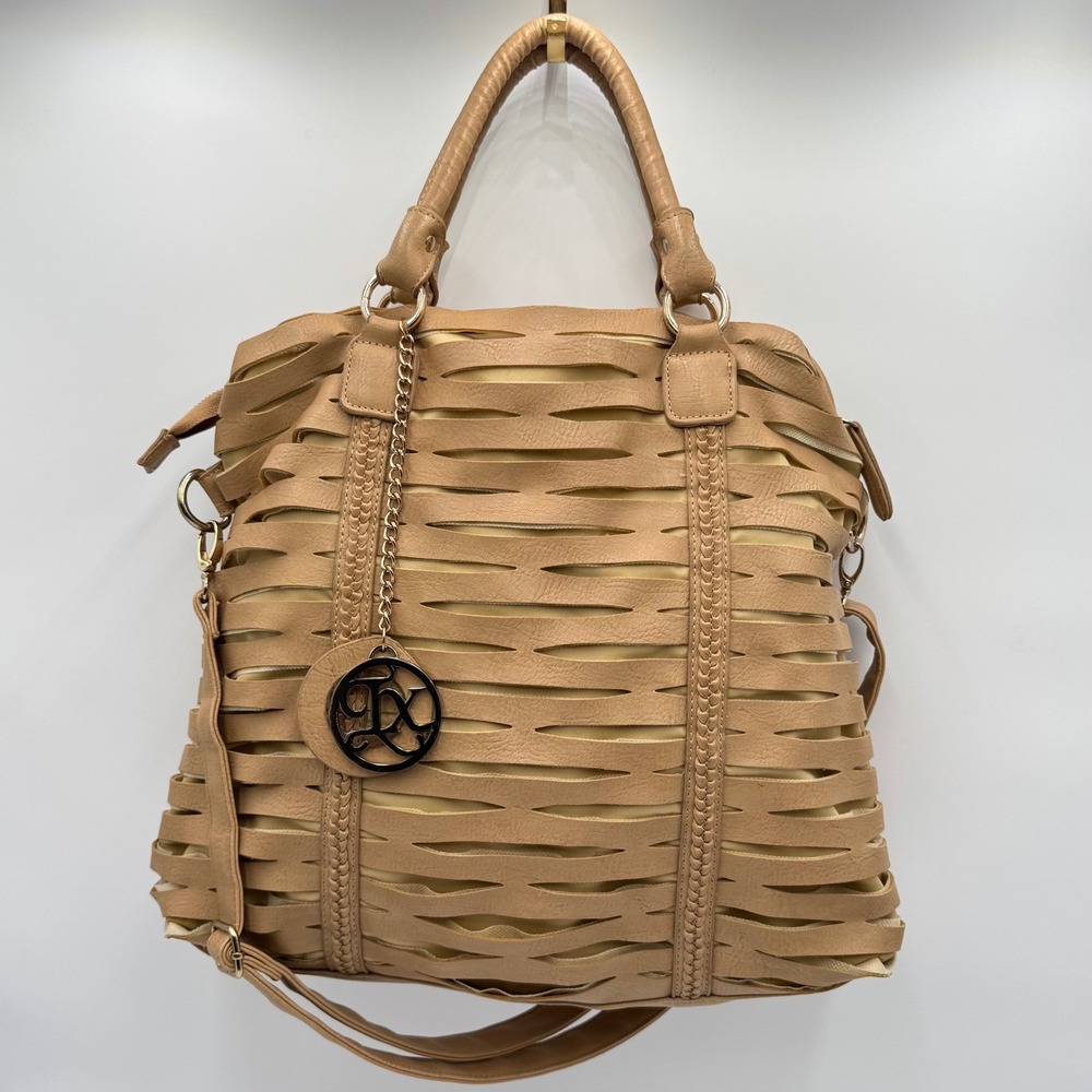 Womens Tan Satchel Bag Purse Cutout Detail Chain‎ Charm Optional Strap Boho Chic